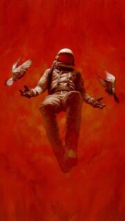 Astronaut Floating with Birds Surreal Red Background Mobile Wallpaper