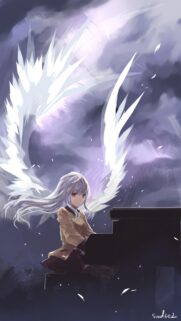 Anime Girl Playing Piano with Angel Wings Wallpaper for Mobile