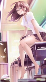 Beautiful Anime Girl with Glasses Sitting on School Desk Wallpaper