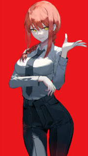 Makima Chainsaw Man Anime Girl Vivid Red Background Mobile Wallpaper