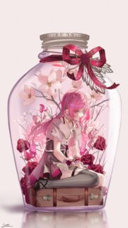 Anime Girl Trapped in a Glass Jar with Flowers and Vintage Suitcase Wallpaper