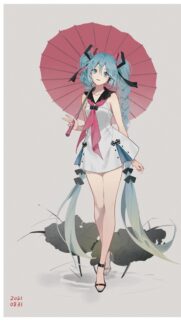 Anime Girl with Blue Twintails and Pink Umbrella Wallpaper