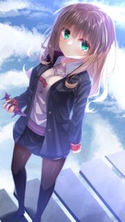 Anime Girl Holding Toy Airplane Against Blue Sky Mobile Wallpaper
