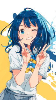 Cute Anime Girl with Blue Hair Doing Peace Sign Wallpaper for Mobile
