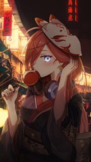 Anime Girl in Kimono with Kitsune Mask at Night Market Wallpaper