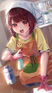 Cute Anime Girl Cleaning Kitchen Wallpaper for Mobile HD Download
