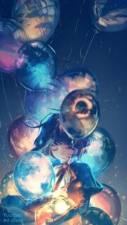 Anime Girl Holding Magical Floating Sky Balloons Wallpaper for Mobile
