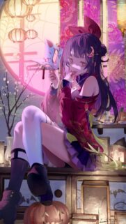 Anime Girl with Kitsune Mask and Halloween Decor Aesthetic Wallpaper