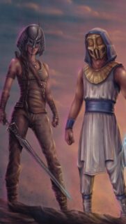 Warrior Duo with Samurai and Ancient Masked Fighter Fantasy Wallpaper