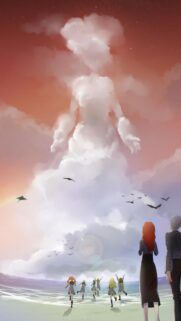 Anime Beach Sunset with Giant Cloud Deity Mobile Wallpaper