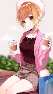 Cute Anime Girl with Coffee Cups and Pink Jacket Mobile Wallpaper
