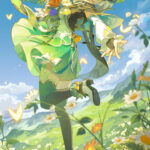 Anime Girl in Meadow with Flowers High Quality Mobile Wallpaper