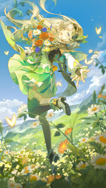 Anime Girl in Meadow with Flowers High Quality Mobile Wallpaper