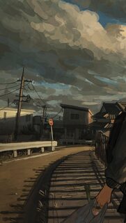 Aesthetic Anime Style Walking Path Wallpaper with Cloudy Skies and Rural Atmosphere