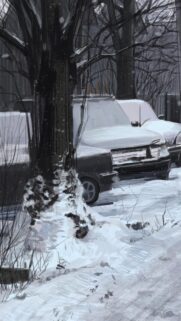 Snowy Winter Street Scene with Parked Cars Artistic Digital Illustration