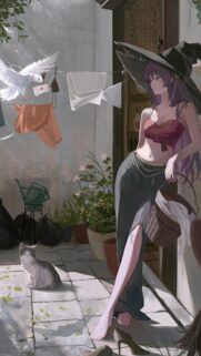 Beautiful Anime Witch with Dove and Cat in Sunny Garden Wallpaper