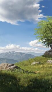 Anime Style Mountain Landscape with Green Meadow and Blue Sky Wallpaper