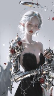 Ethereal Fantasy Elf Princess with Silver Armor and Red Roses Mobile Wallpaper