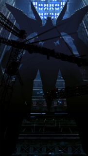Epic Giant Mecha Silhouette in Dark Futuristic Hangar Mobile Wallpaper