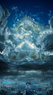 Anime Girl Watching Celestial City in Clouds Mobile Wallpaper