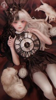 Anime Girl with Two Tone Hair and Vintage Clocks Aesthetic Wallpaper