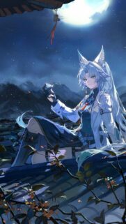 Beautiful Anime Fox Girl Drinking Tea Under Moonlight Mobile Wallpaper