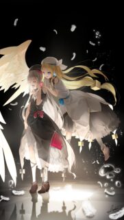 Emotional Anime Wallpaper Featuring Two Angelic Girls with Golden Wings and Feathers