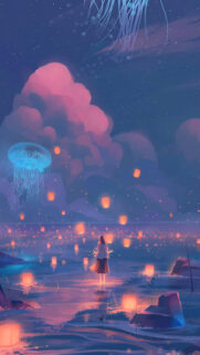 Girl Watching Floating Lanterns and Jellyfish Dreamy Night Aesthetic Mobile Wallpaper