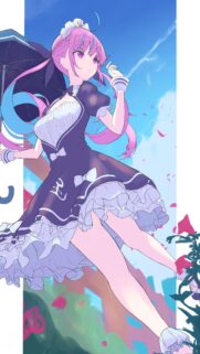 Cute Anime Maid Girl with Pink Hair and Umbrella High Quality Mobile Wallpaper