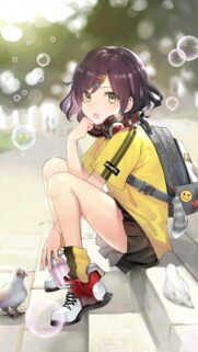 Cute Anime Girl with Headphones and Backpack Bubbles Aesthetic Wallpaper