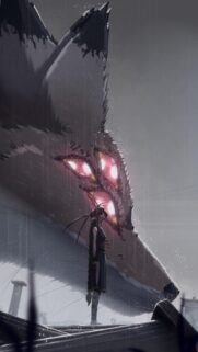 Mystical Anime Girl Standing Before a Giant Spirit Fox Wallpaper