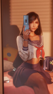 Beautiful Anime Girl Taking Mirror Selfie in School Uniform 4K Wallpaper