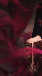 Elegant Anime Girl in Dark Red Gown with Ethereal Smoke Effect Mobile Wallpaper