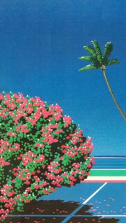 Vintage Aesthetic Tropical Palm Tree and Pink Flowers Art Wallpaper