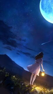 Anime Girl Holding Lantern Under Starry Night Sky with Glowing Moon Wallpaper