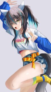 Cute Anime Girl with Blue Highlights and Streetwear Style Wallpaper