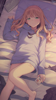Anime Girl Relaxing on Bed with Smartphone Aesthetic Mobile Wallpaper
