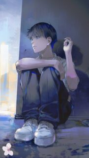 Melancholic Anime Boy Listening to Music Wallpaper in High Definition
