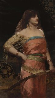 Elegant Orientalist Portrait of a Woman with Sword Oil Painting Wallpaper
