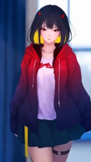 Anime Girl with Red Eyes and Gradient Hoodie Wallpaper for Mobile