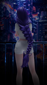 Anime Girl with Long Purple Braid Overlooking Night City Skyline Wallpaper