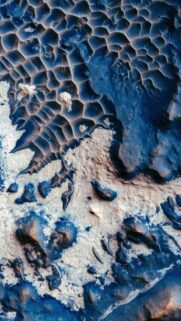 Stunning Aerial View of Mars Surface Terrain Deep Blue and White Wallpaper
