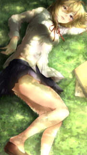 Anime Girl Relaxing on Sunny Grass Field Mobile Wallpaper
