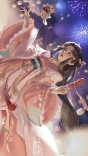 Stunning Anime Girl in Traditional Pink Hanfu with Fireworks Background Wallpaper