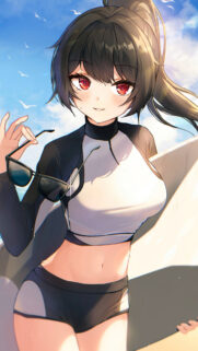 Beautiful Anime Girl Surfer with Red Eyes Holding Sunglasses High Quality Mobile Wallpaper