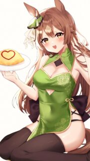 Cute Anime Girl in Green Qipao with Omurice High Quality Mobile Wallpaper