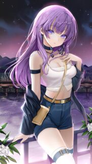 Beautiful Anime Girl with Long Purple Hair at Night City Waterfront Wallpaper