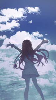 Anime Girl Reaching for Paper Plane in Blue Sky Wallpaper