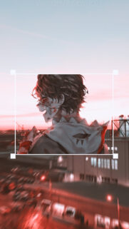 Sad Anime Boy Aesthetic Wallpaper with Sunset City Skyline Background