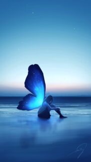 Anime Girl with Glowing Blue Butterfly Wings at Sunset Wallpaper for Mobile